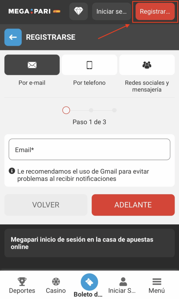 Registrarse en Megapari