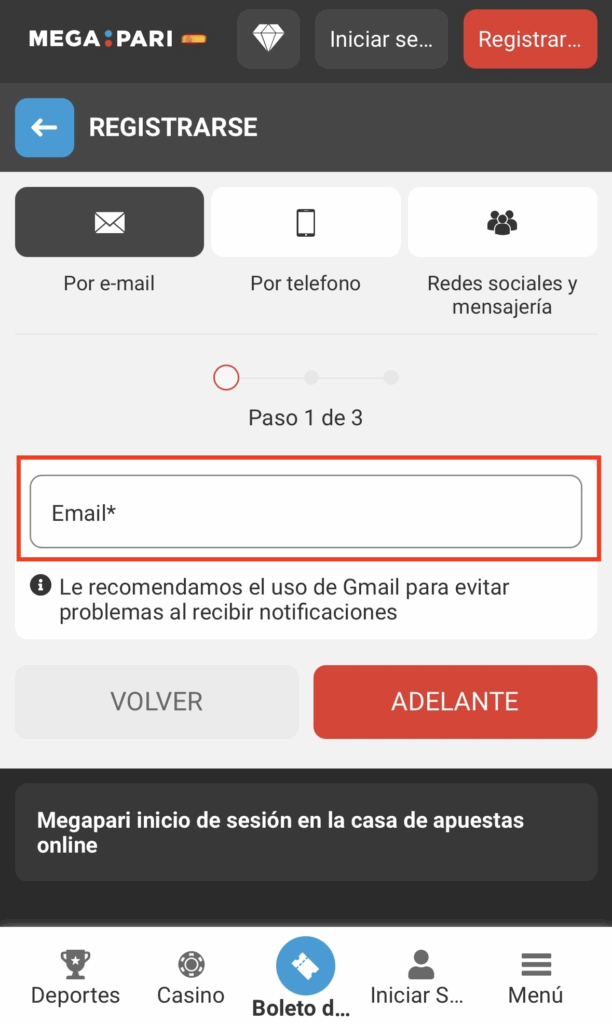 formulario para introducir el correo electrónico